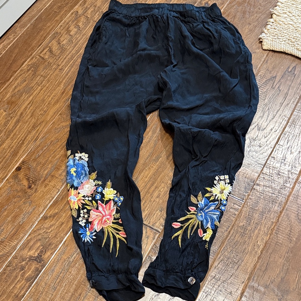 Johnny Was Black Joggers with Colorful Floral Embroidery